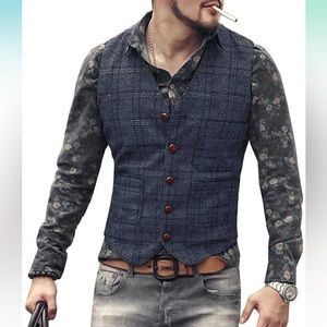 Mens Medium Vintage Suit Vest Plaid Tweed Waistcoat for Wedding Groomsmen. NWOT